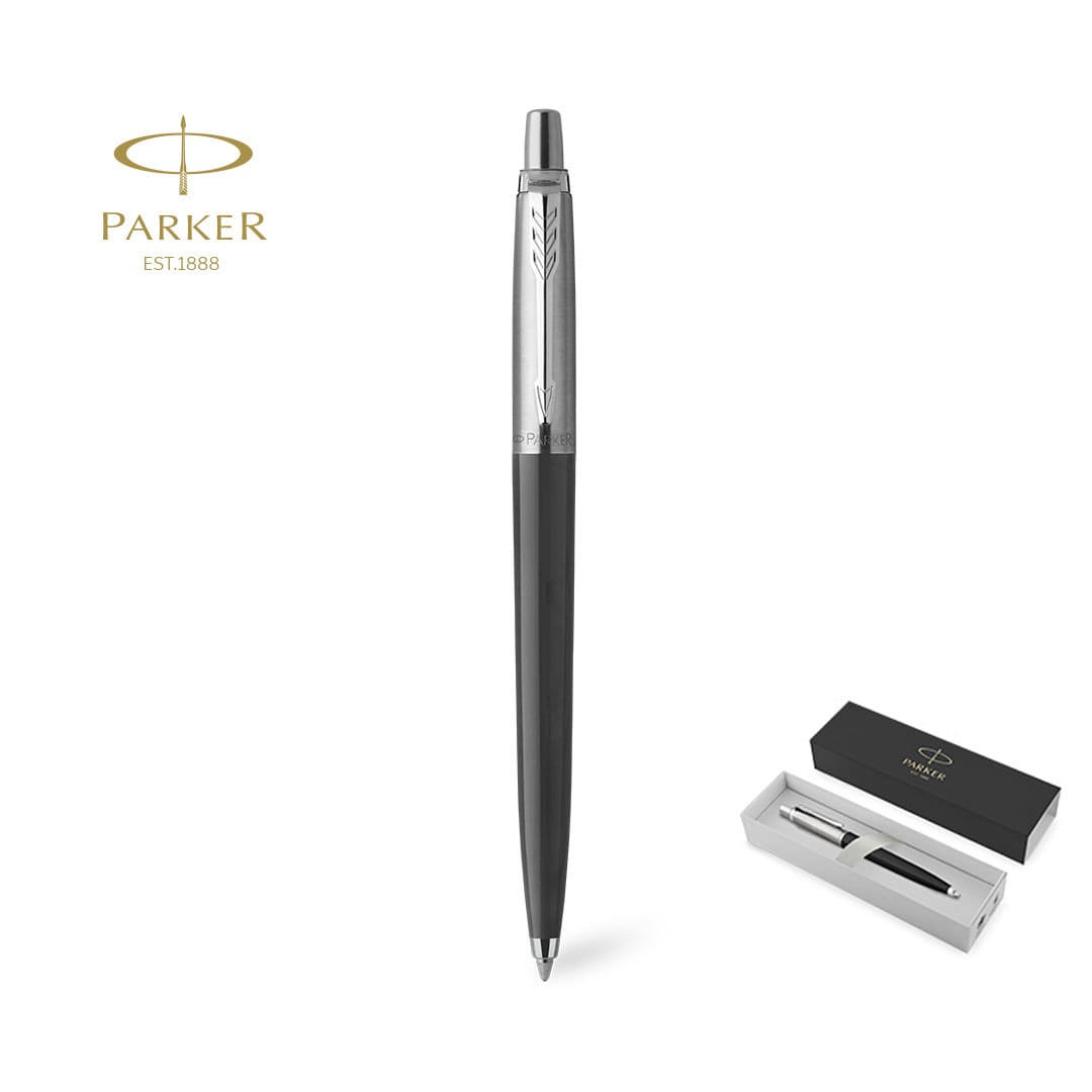 A metal pen with a sleek black barrel and silver accents, presented in a stylish box with branding. Jotter Original Pen - Image 1
