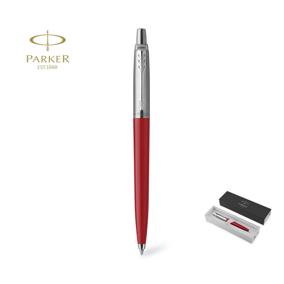 A red metal pen with a silver clip, presented in a box with a brand logo. Jotter Original Pen - Image 1