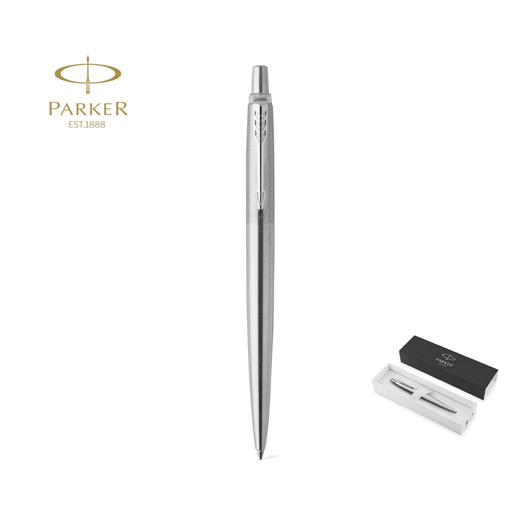 A silver Parker Jotter Core pen with a sleek design displayed alongside its packaging. Jotter Core Pen - Image 1