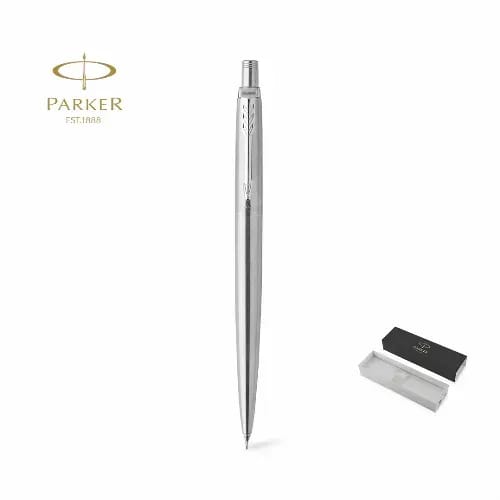 A sleek silver pen with a shiny finish, accompanied by a black presentation box featuring a logo. Jotter Core - Image 1