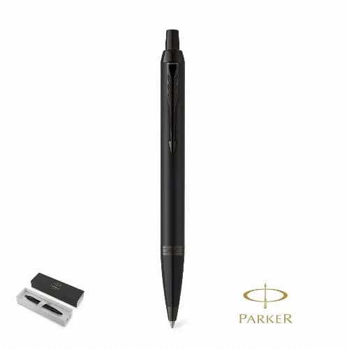 A black pen with a sleek design, accompanied by a white pen refill, featuring a logo. IM Achromatic - Image 1