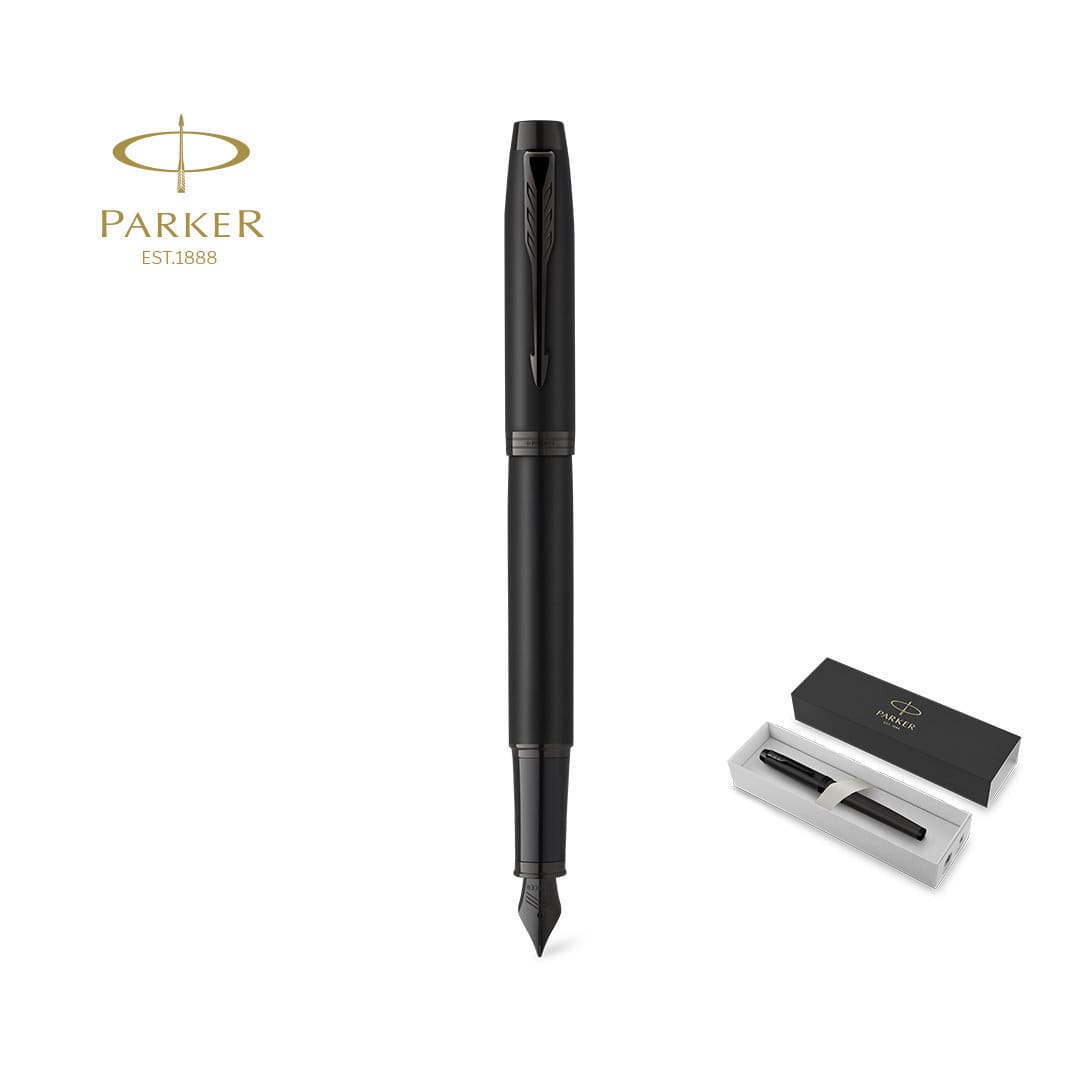 A black Parker fountain pen displayed upright, accompanied by a sleek presentation box with a logo. IM Achromatic Fountain Pen - Image 1
