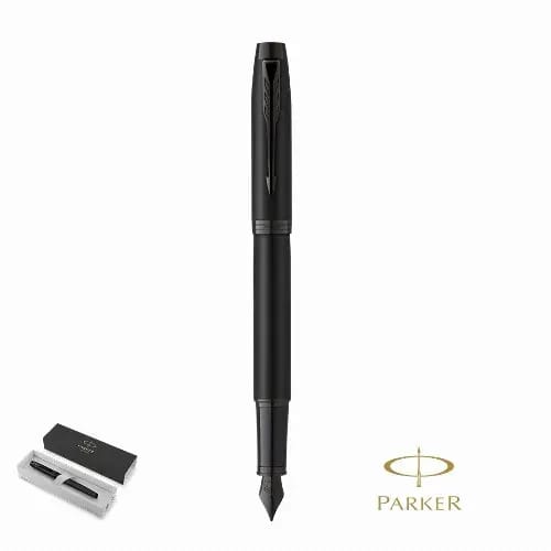 A black fountain pen with a sleek design, accompanied by a presentation box. There's a logo on the pen. IM Achromatic - Image 1