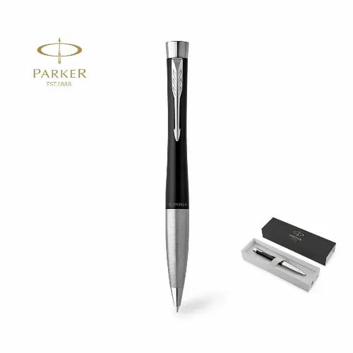 A pen with a sleek black body and silver accents, displayed next to its matching box. The pen features a logo. Urban Twist - Image 1