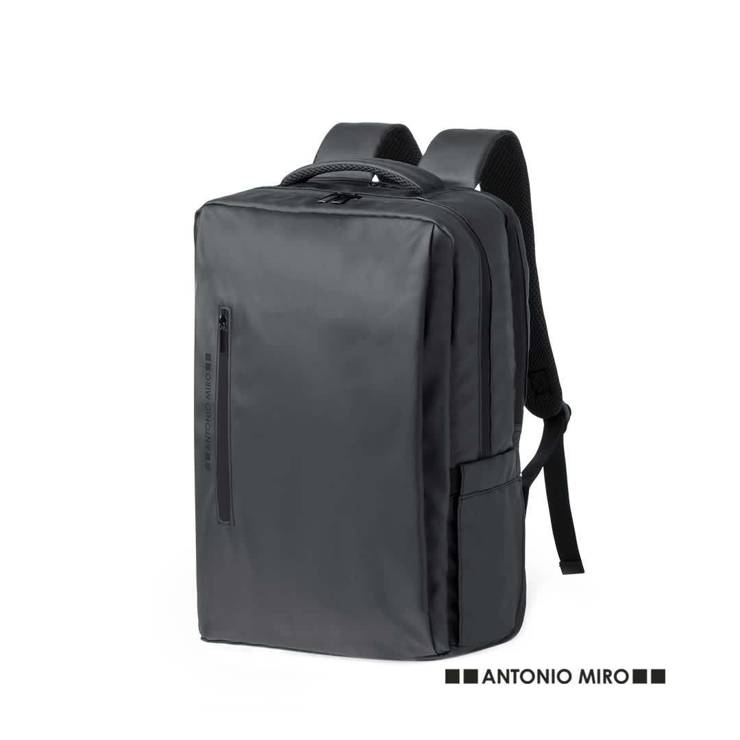A sleek black backpack with padded straps, featuring a front zip pocket and a subtle logo. Ladian Backpack - Image 1