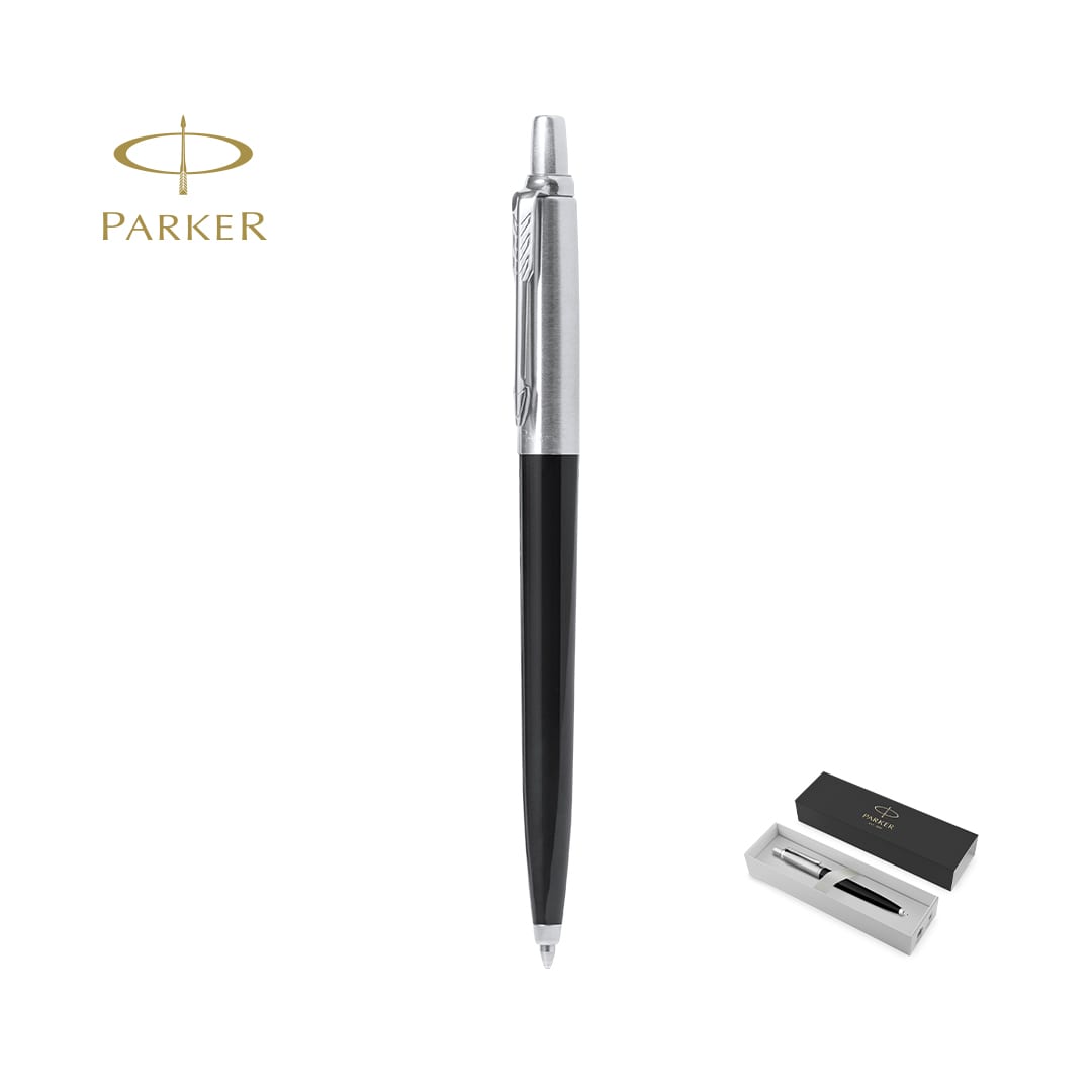 A black and silver metal pen with a sleek design, accompanied by a branded box. Jotter Recycled Pen - Image 1