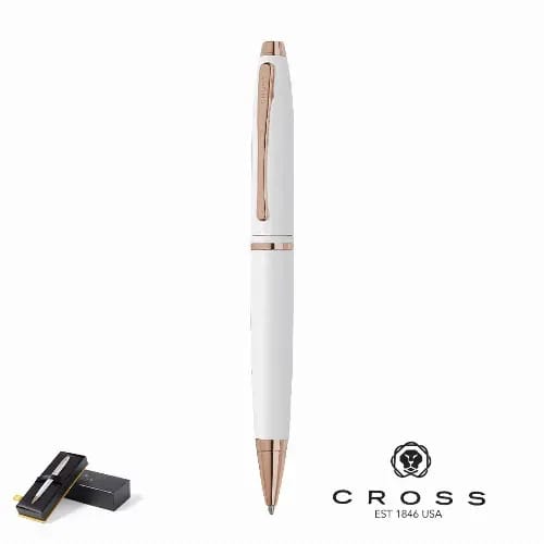 A pen in white with rose gold accents, accompanied by a black packaging box and featuring a logo. Calais White - Image 1