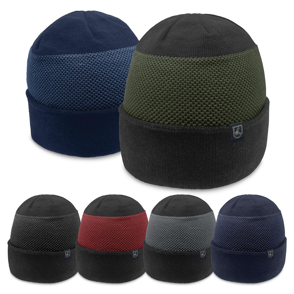 A collection of beanies in various colours, including navy, green, black, and red, featuring a mesh design and branding. Horizon Beanie - Image 1