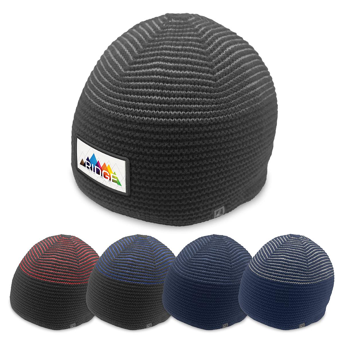 A collection of beanies in various colours, featuring a logo on one side, with a textured knit design. Ridge Beanie - Image 1