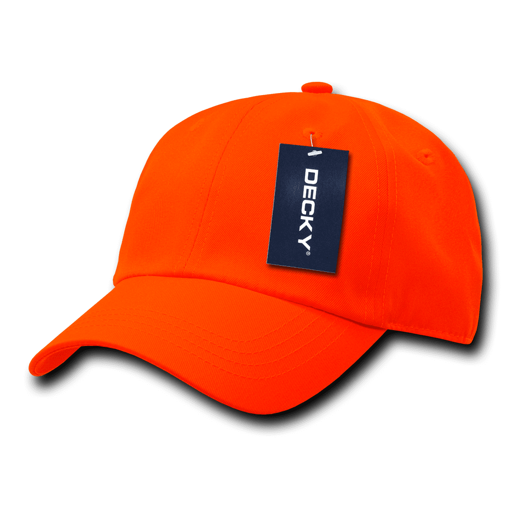 A vibrant orange cap with a structured design and a tag, featuring a logo. 6 Panel Low Profile Structured Neon Cap - Image 1