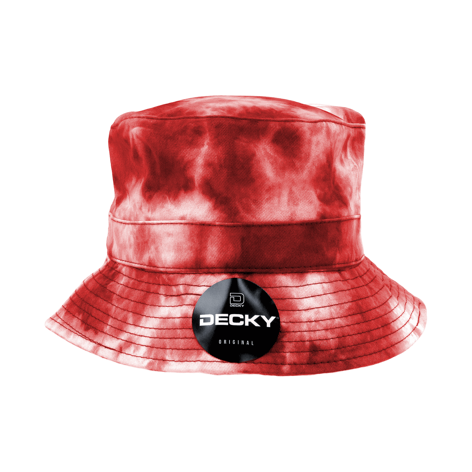 A tie dye bucket hat in red with a logo on the side. The hat features a wide brim and a textured design. Tie Dye Bucket Hat - Image 1