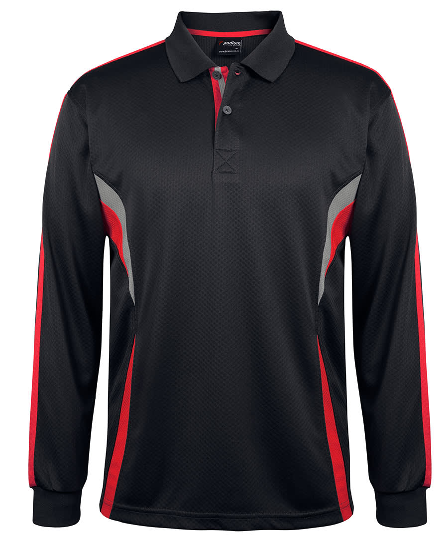 A black and red long-sleeve polo shirt with a structured design and a logo. Podium L/S Cool Polo - Image 1