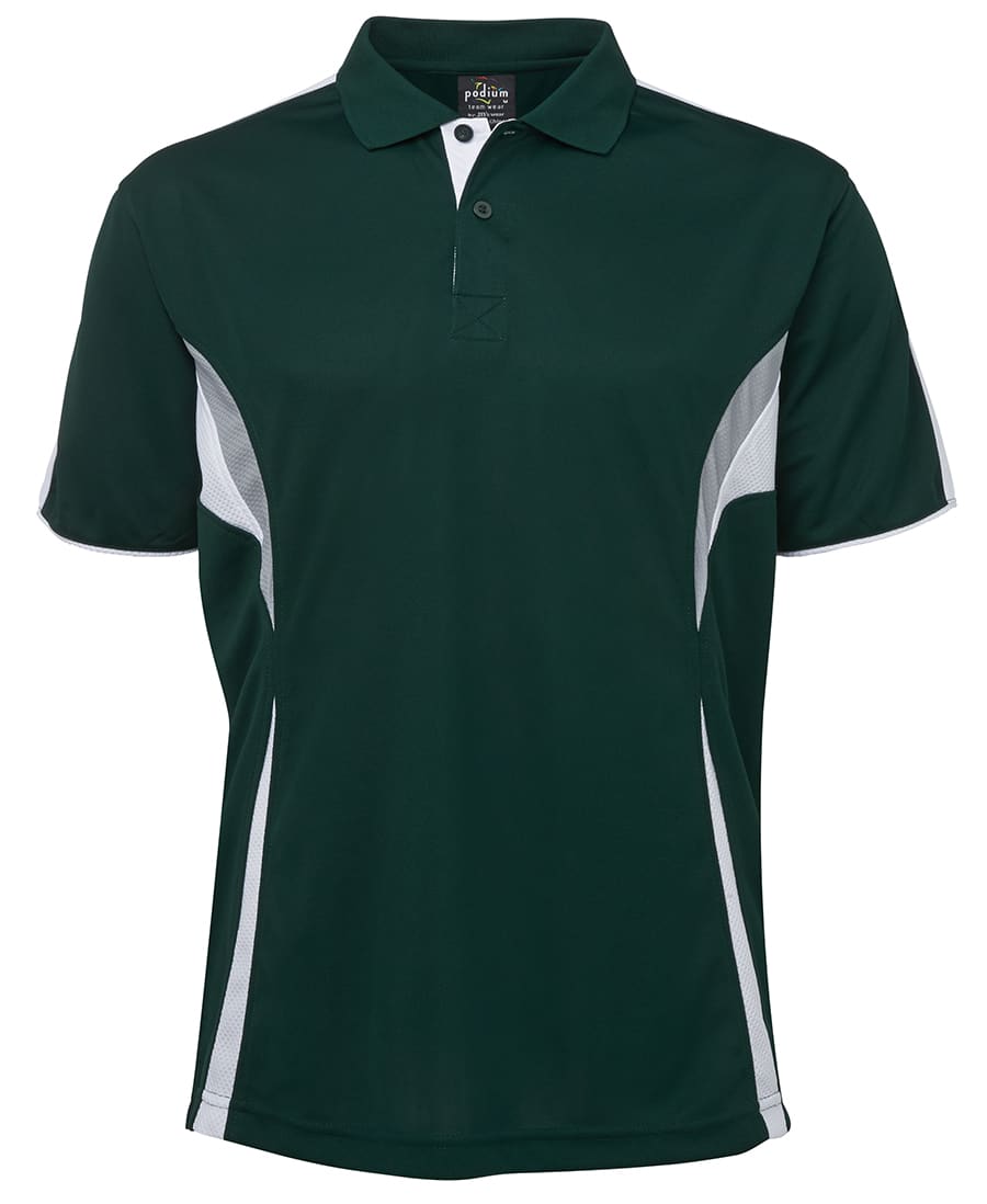 A dark green polo shirt with white accent panels and a collar. It features a logo on the chest area. Podium Cool Polo - Image 1