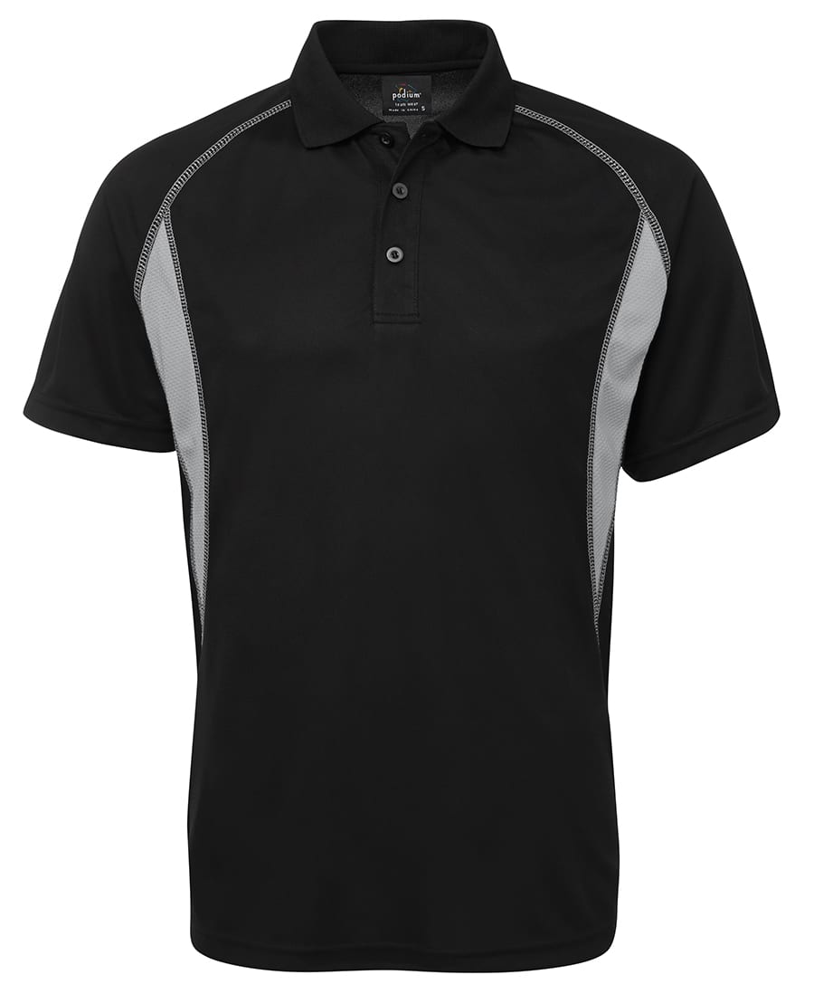 A black polo shirt with grey side panels and a collar, featuring a logo on the chest area. Podium Insert Polo - Image 1
