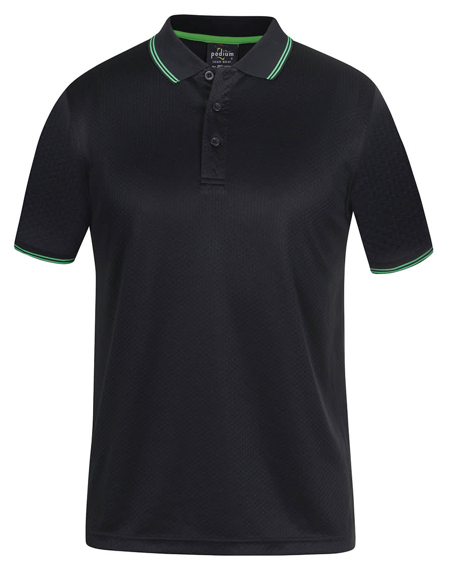 A black polo shirt featuring green contrast details and a logo. The shirt has a collar and button closure. Pdm Jacquard Contrast Polo - Image 1