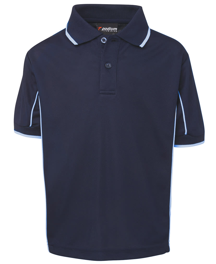 A navy polo shirt with white piping and a collar, featuring short sleeves and a logo. Podium Kids S/S Piping Polo - Image 1