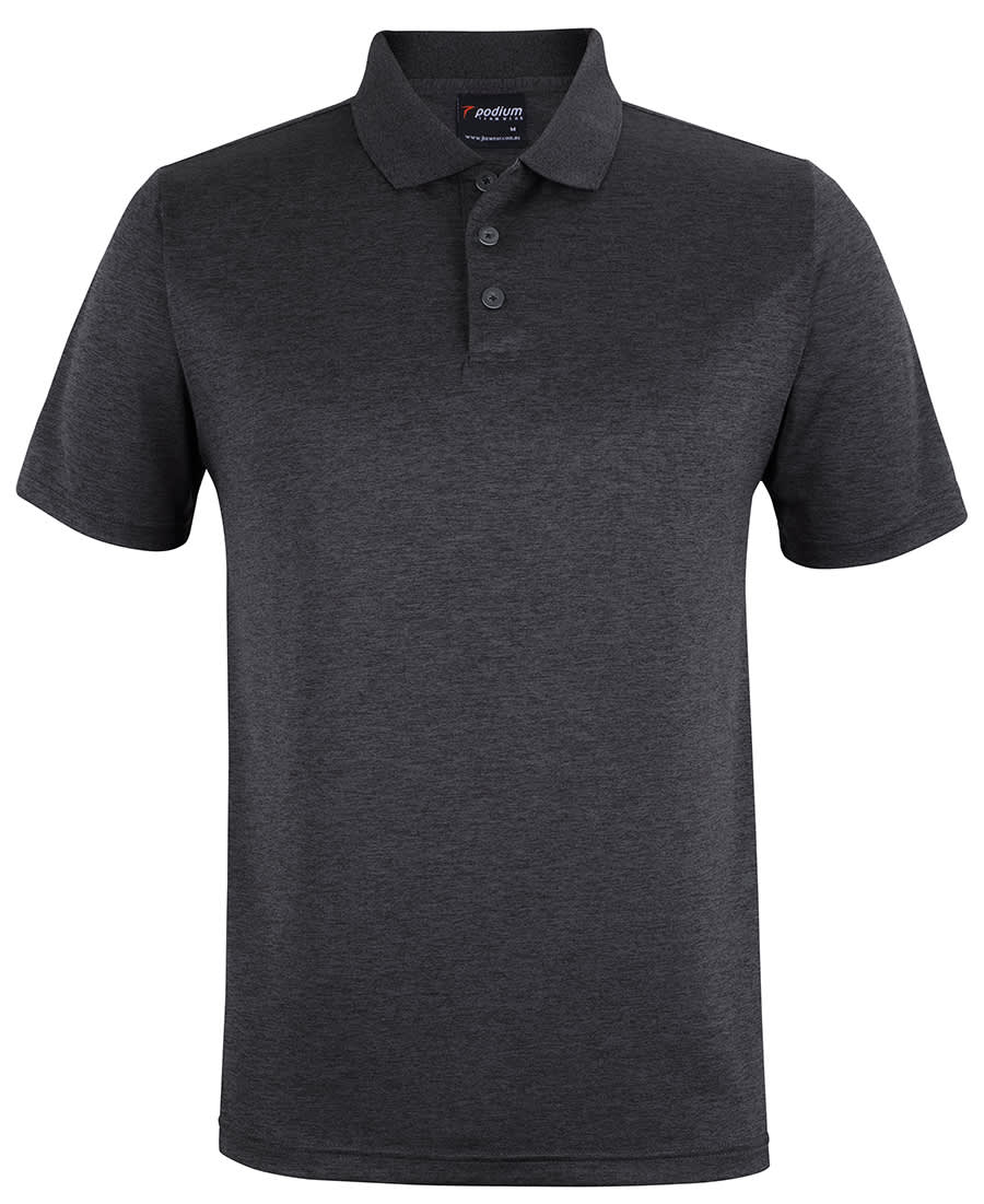 A black marle polo shirt with a collar and three buttons, featuring a logo on the label. Podium Cation Polo Black Marle - Image 1