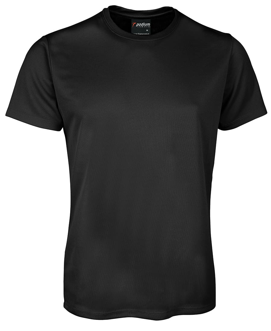 A black short-sleeved T-shirt with a smooth texture and a logo on the neckline. Podium - Image 1