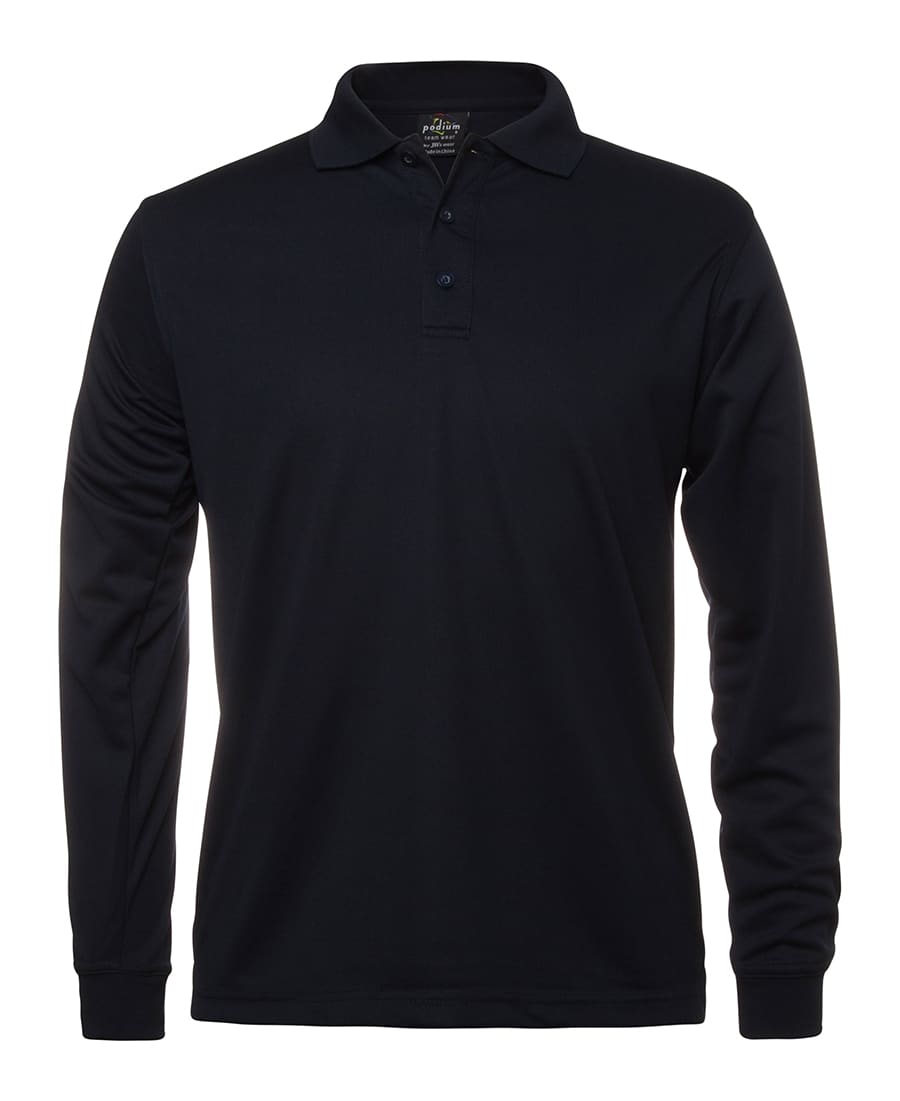 A black long-sleeve polo shirt featuring a collar and a button placket, with a logo on the chest. Podium L/S Poly Polo - Image 1