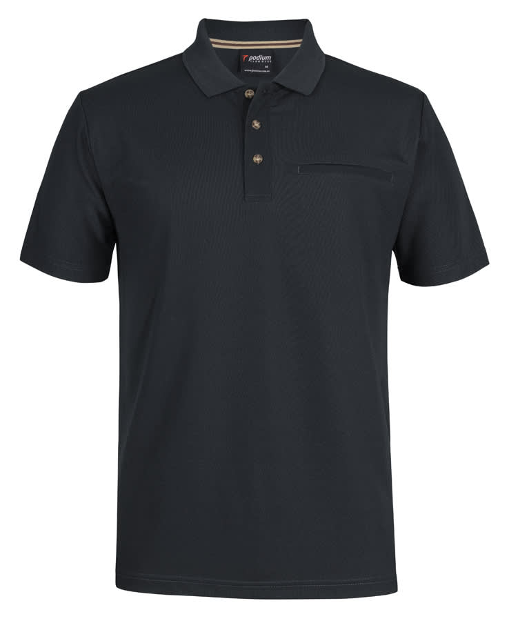 A black polo shirt made from recycled polyester, featuring a buttoned placket and a pocket, with a logo. Podium S/S Recycled Polyester Pocket Polo - Image 1