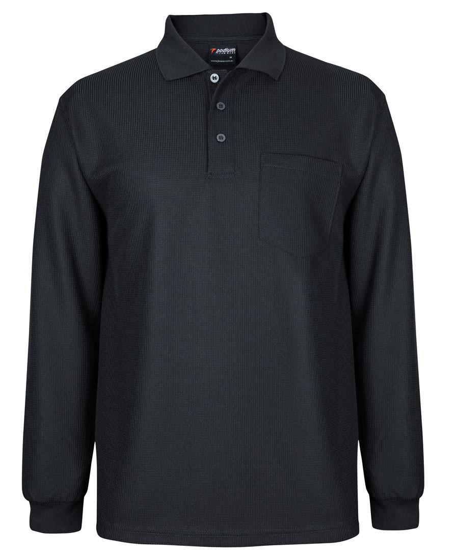 A black long-sleeve waffle-textured polo shirt with a pocket and a logo on the collar. Podium L/S Waffle Pocket Polo - Image 1