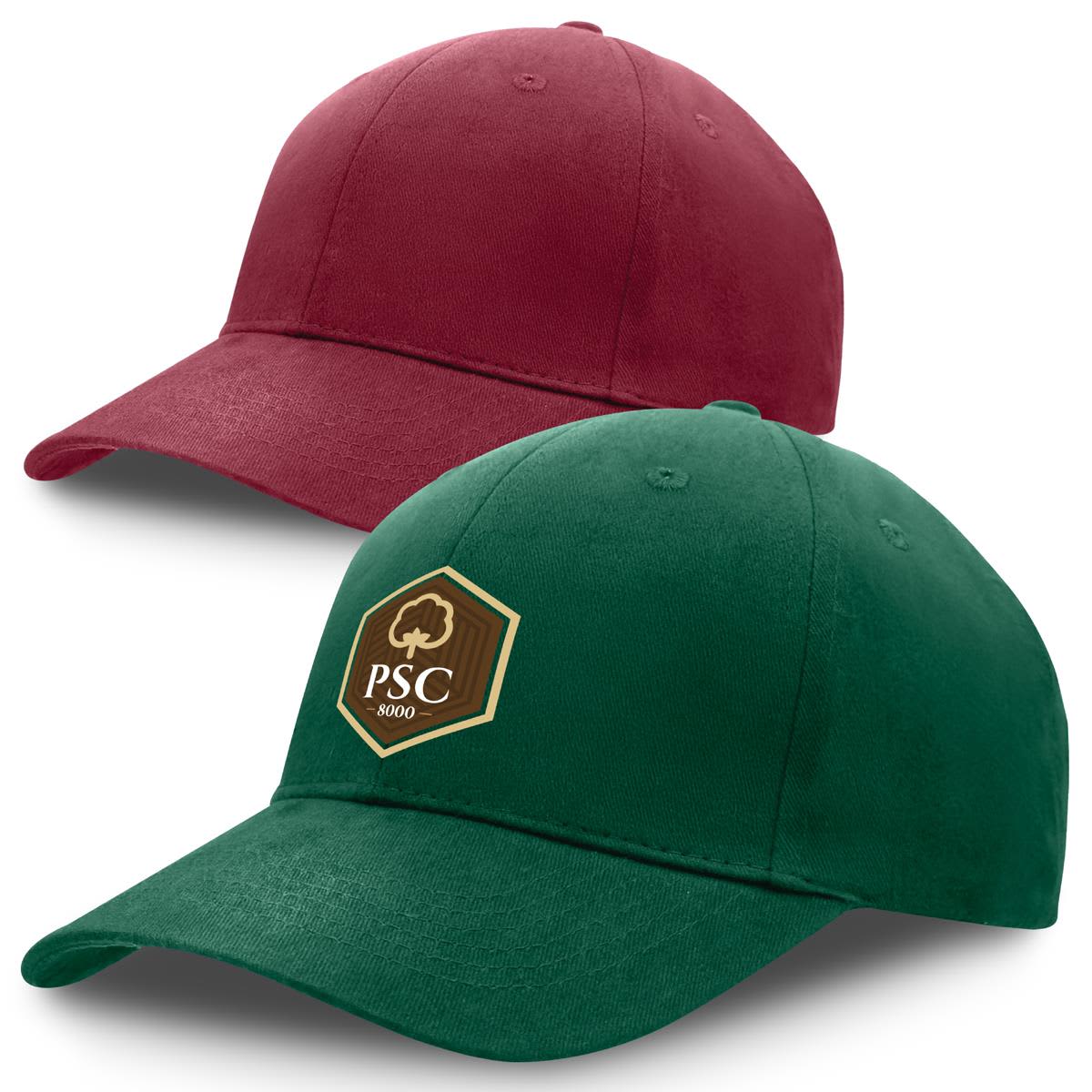A maroon and green premium soft cotton cap, featuring a logo on the front. Premium Soft Cotton Cap - Image 1