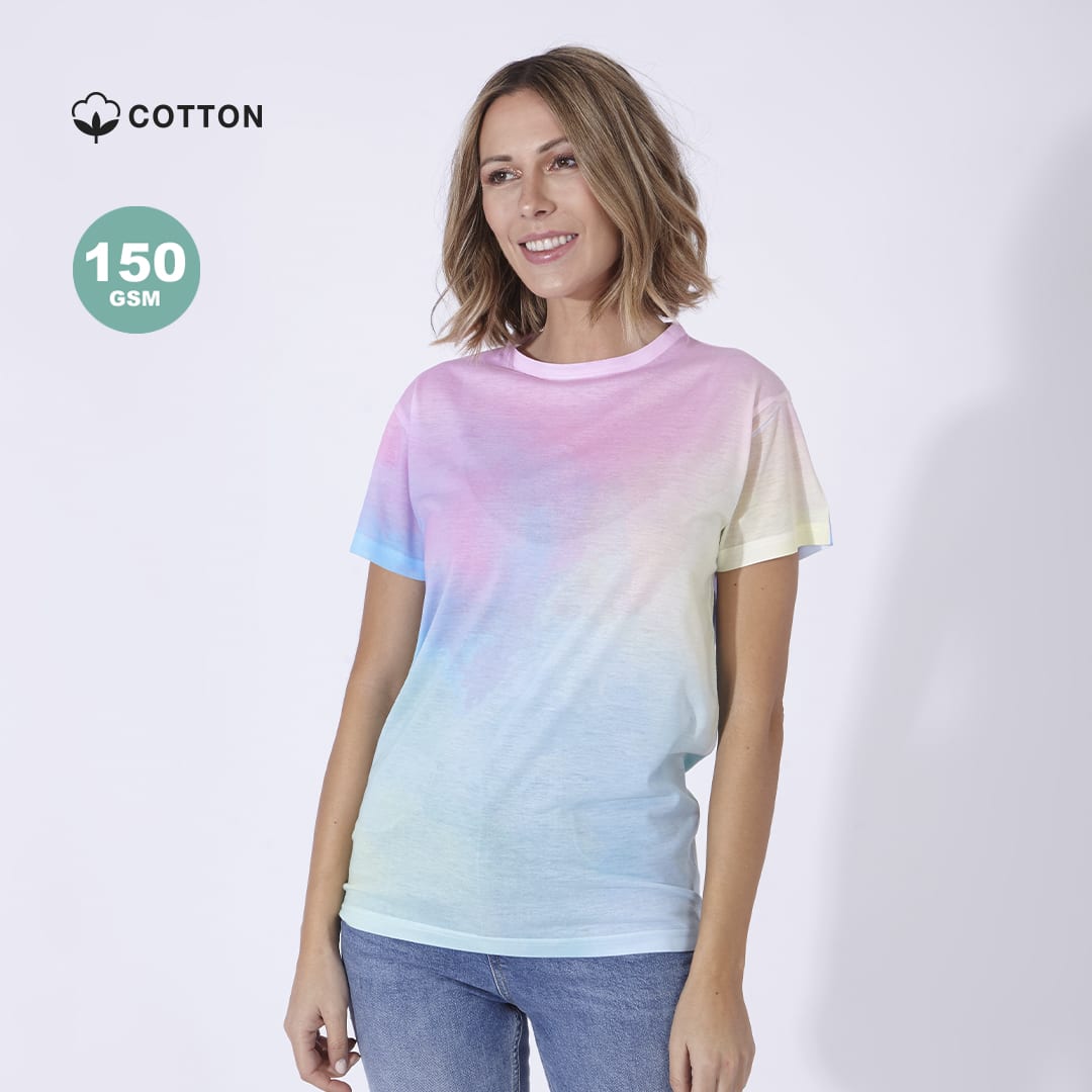 A pastel tie-dye t-shirt in blue, pink, and yellow, featuring a cotton fabric and a logo. Vega Adult T-Shirt - Image 1