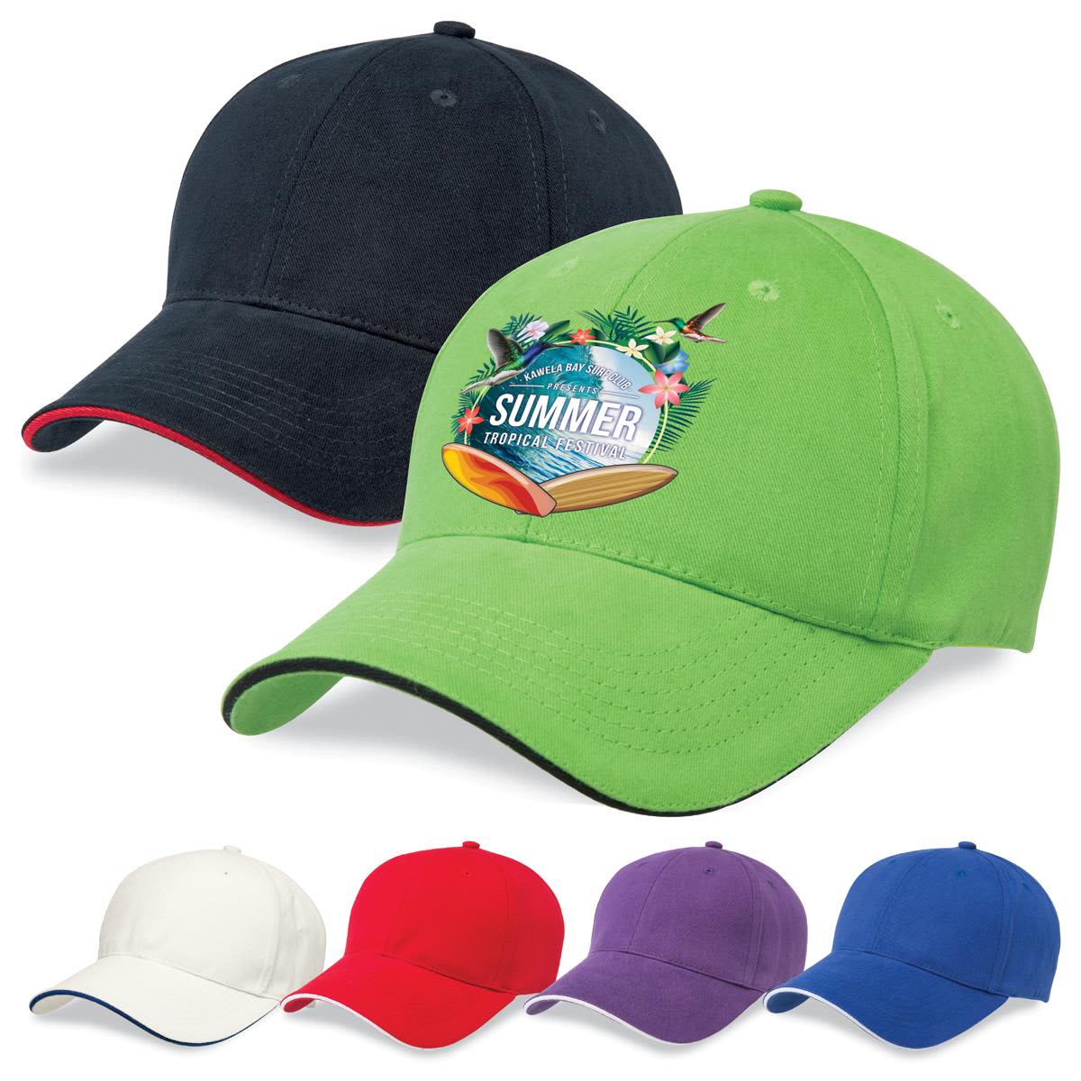 A collection of six caps in various colours, featuring a cap with a green front and one with a black front, both with a logo. Premium Soft Sandwich Peak - Image 1