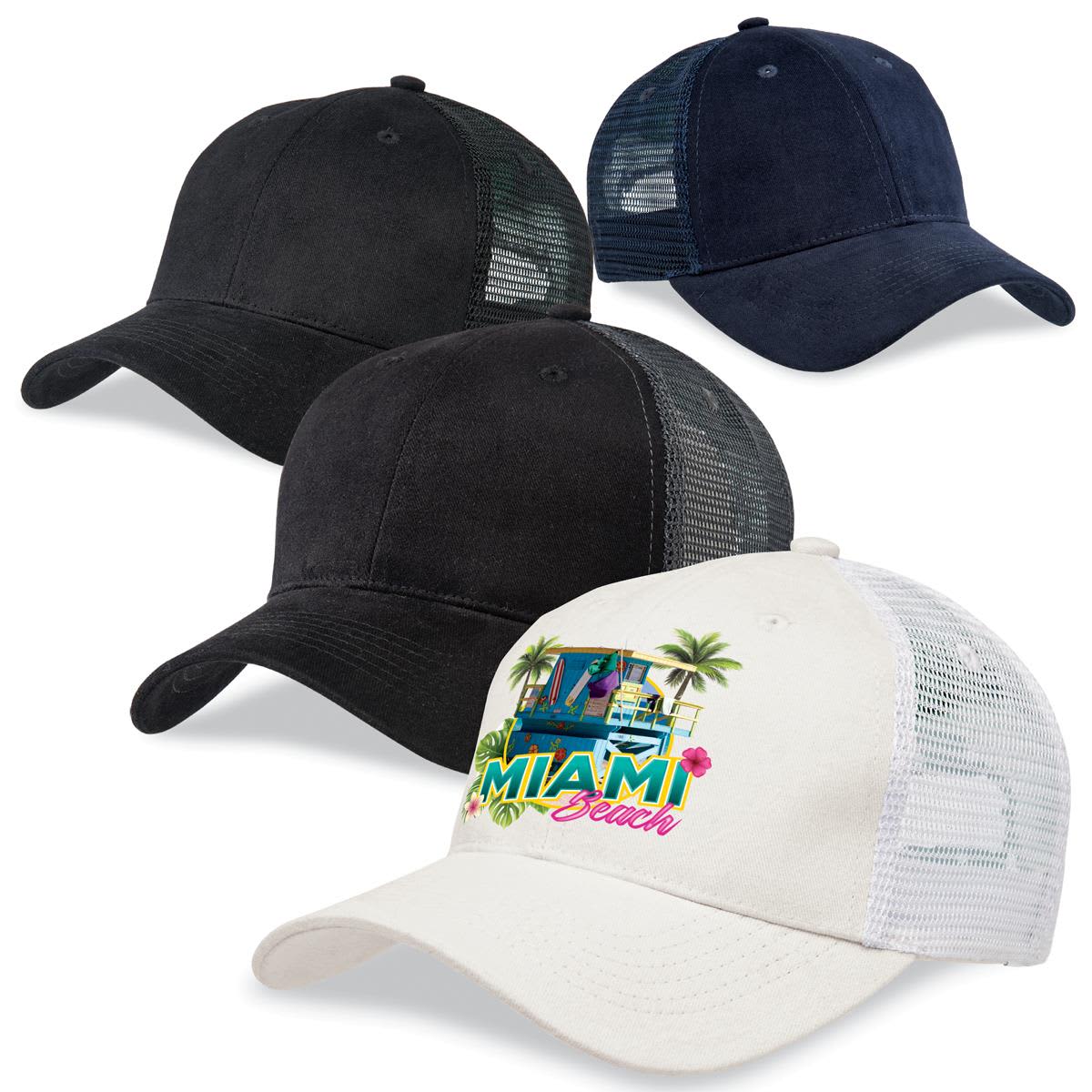 Premium soft mesh caps in black, navy, and white with a graphic design and logo on the front of the white cap. Premium Soft Mesh Cap - Image 1
