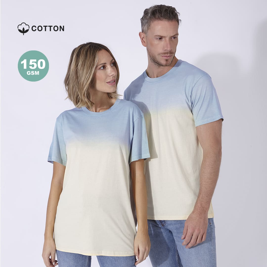 A blue and cream gradient T-shirt featuring short sleeves and a logo. Two models wear the shirt in a neutral setting. Nimo Adult T-Shirt - Image 1