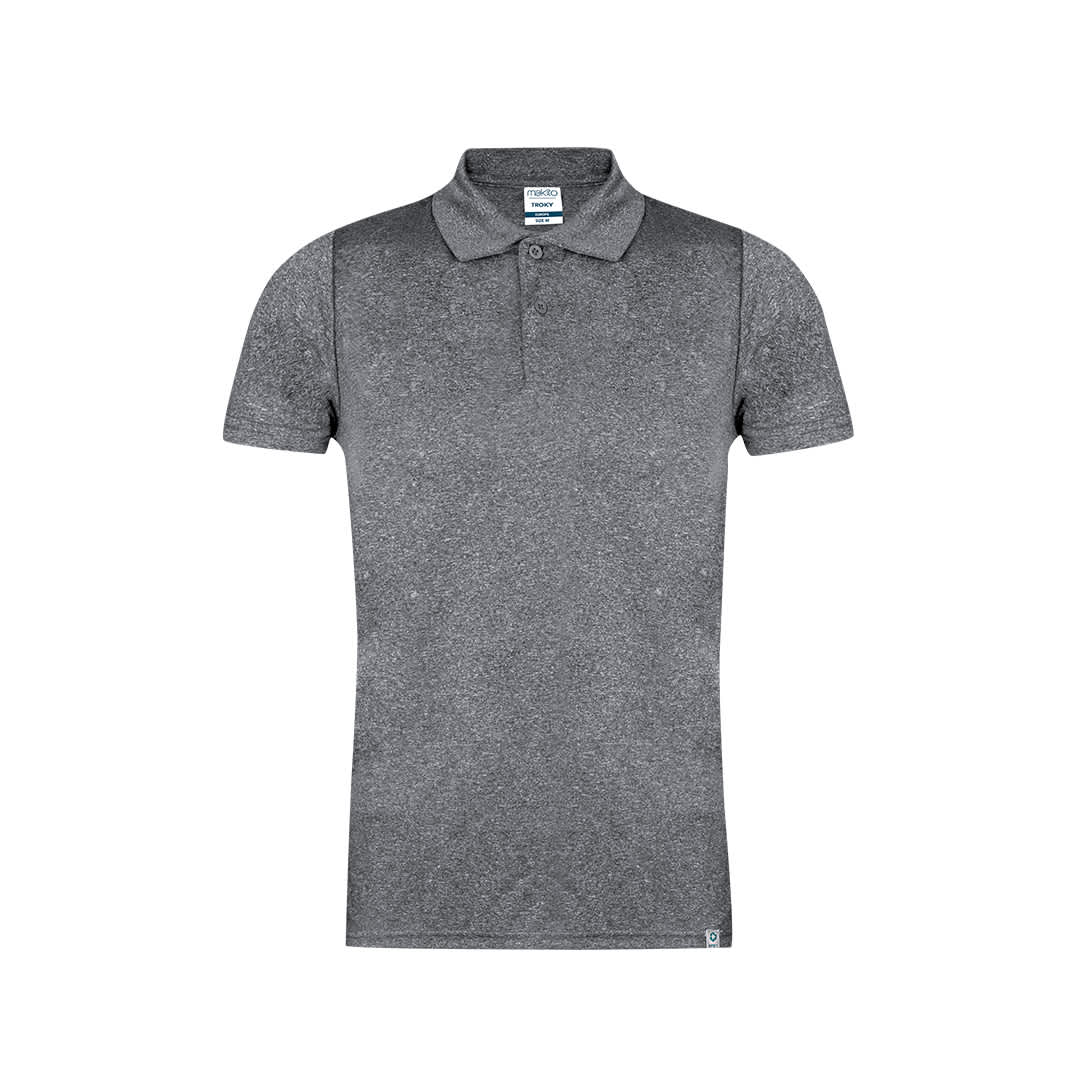 A grey polo shirt with a classic collar and short sleeves, featuring a logo on the chest area. Troky Adult Polo Shirt - Image 1