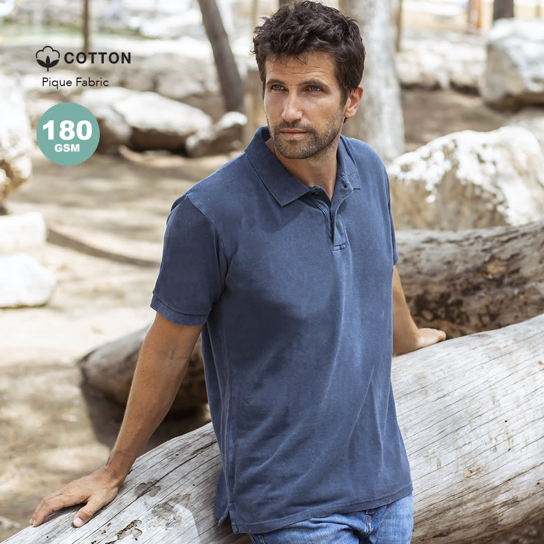 A navy blue polo shirt made from cotton pique fabric, featuring a logo. Ken Adult Polo Shirt - Image 1