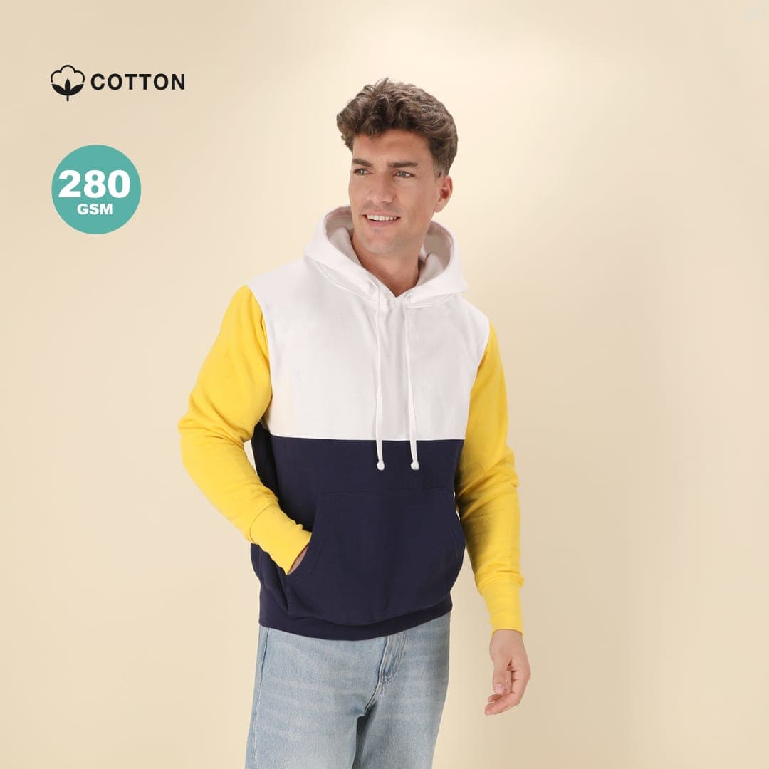 A hooded sweatshirt featuring white, yellow, and navy sections, with a kangaroo pocket and a logo. Skon Adult Sweatshirt - Image 1