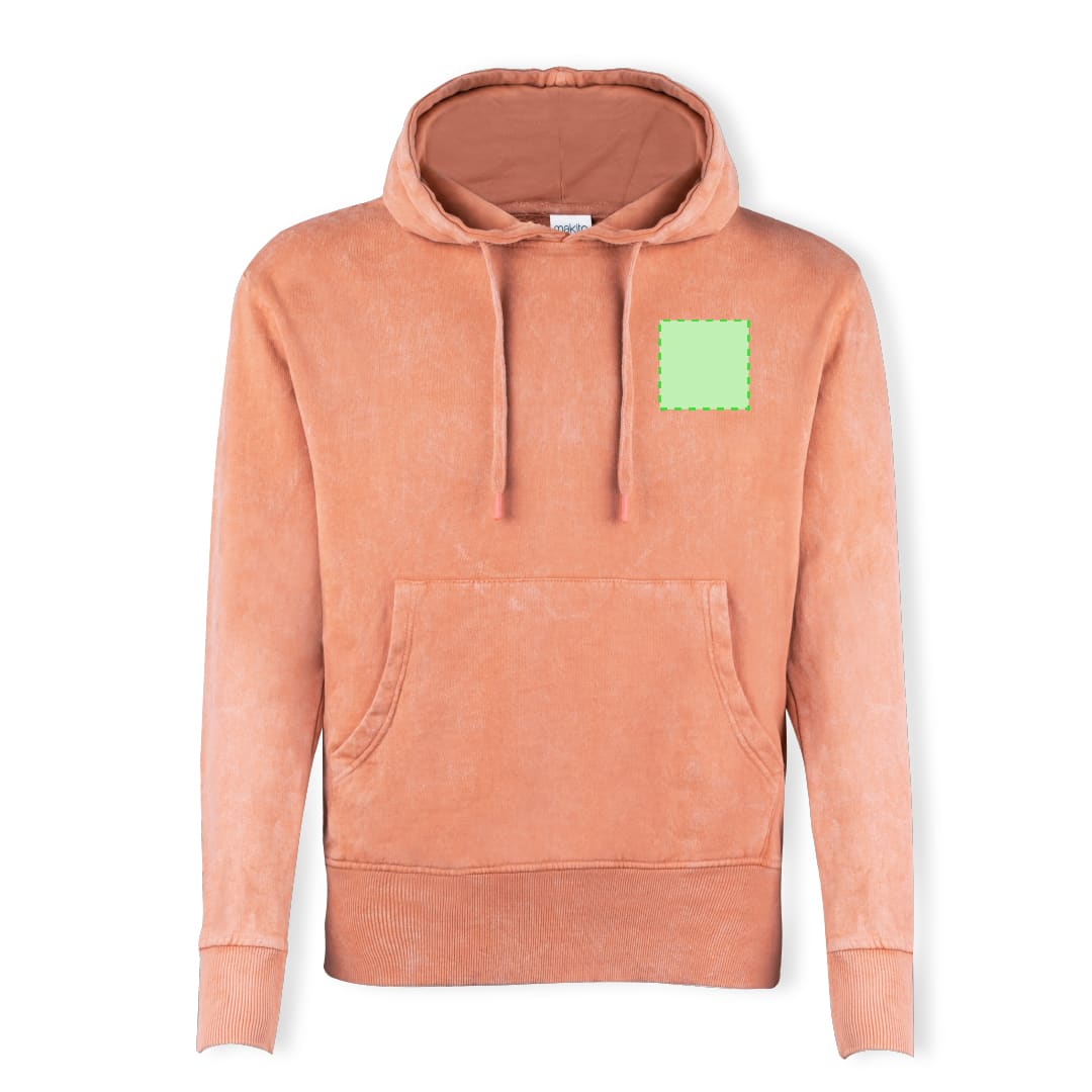 A coral adult sweatshirt with a hood, featuring a front pocket and a small square patch area. Grea Adult Sweatshirt - Image 1