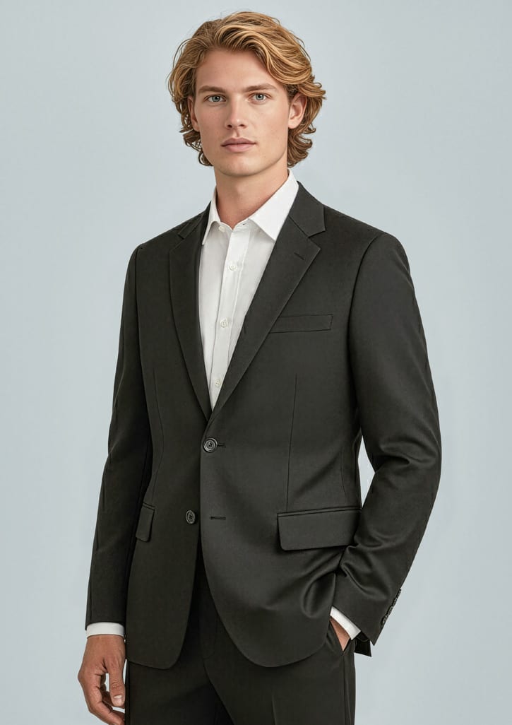 A black Men's Cool Stretch 2 Button Classic Jacket displayed on a model, featuring a tailored fit and a sleek design. Mens Cool Stretch 2 Button Classic Jacket - Image 1