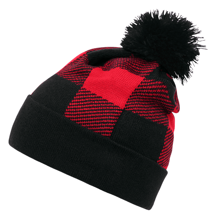 A red and black plaid beanie with a fluffy black pom-pom on top and a logo detail. Pom Plaid Beanies - Image 1