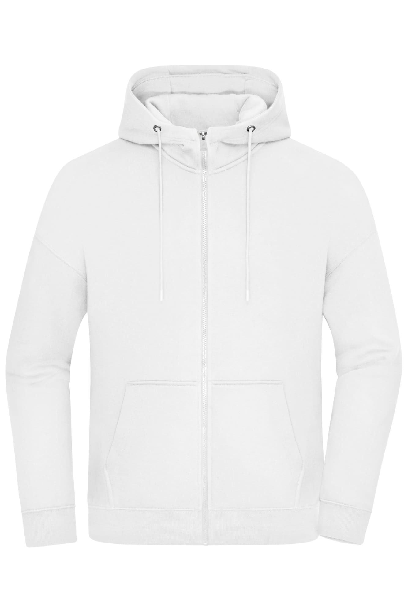 An oversized hooded jacket in white, featuring a zip front and front pockets, with a logo on the chest. Oversized Hooded Jacket - Image 1