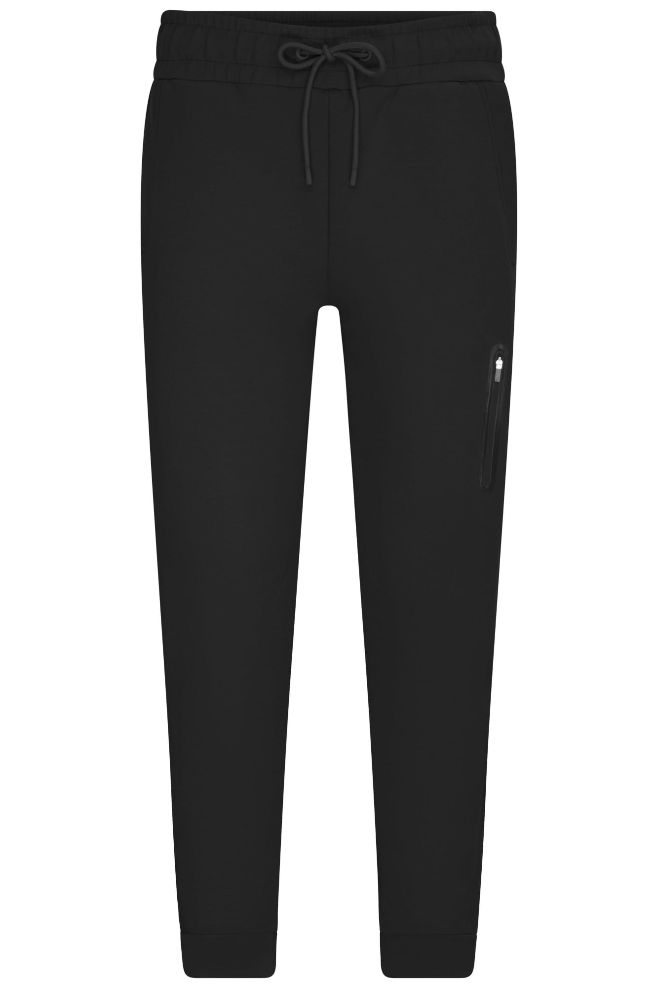 Black interlock pants featuring a drawstring waistband and a zippered side pocket. Includes a branding logo. Mens Pants Interlock - Image 1