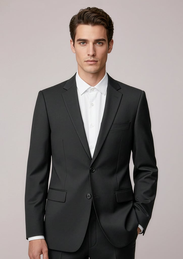 A black two-button jacket with a tailored fit, featuring a notched lapel and pockets, displayed on a model. Mens Siena 2 Button Jacket - Image 1