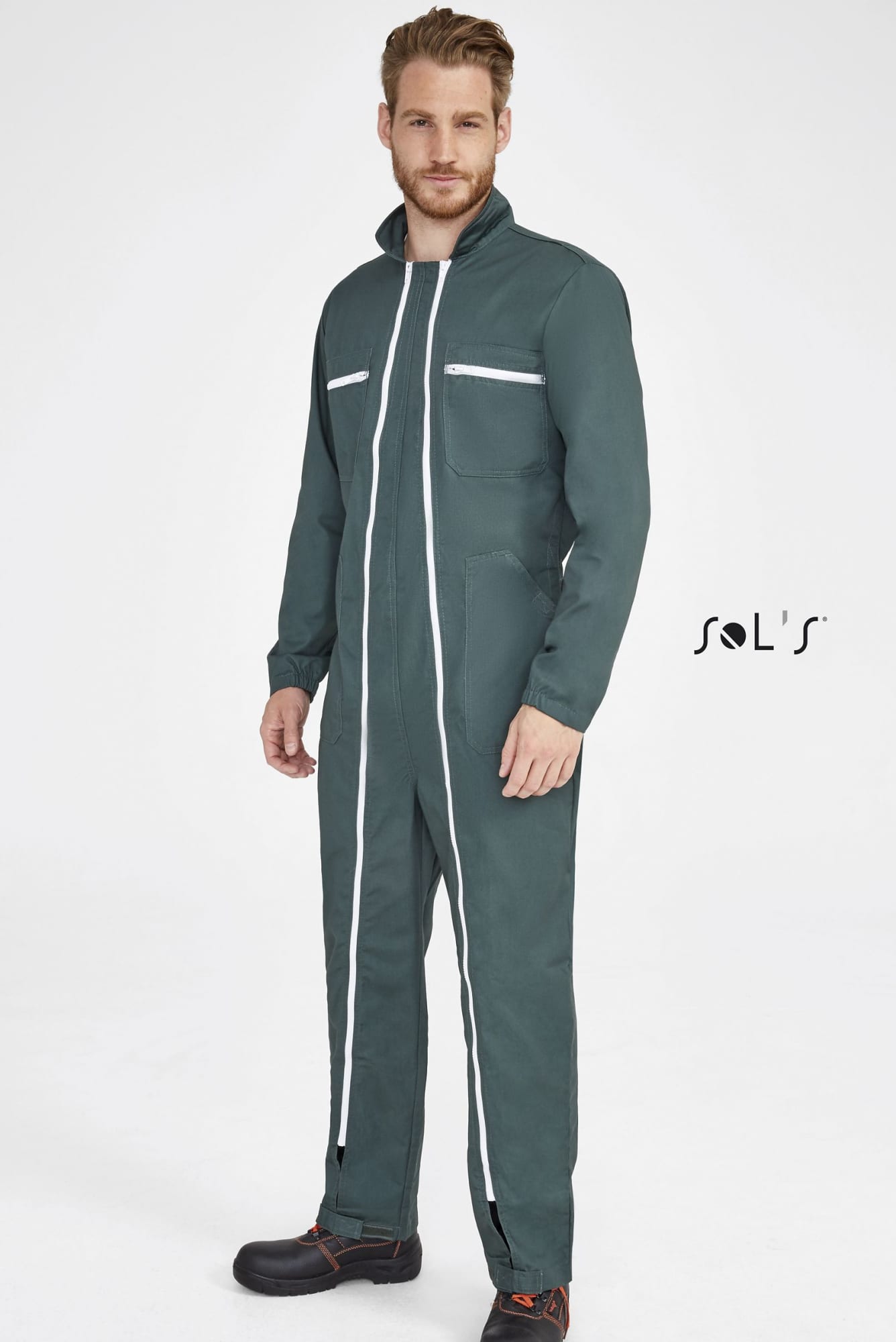 A green men's overall with double zip, multiple pockets, and a logo, featuring a fitted design. Overalls men's with double zip and mutiple pockets JUPITER - Image 1
