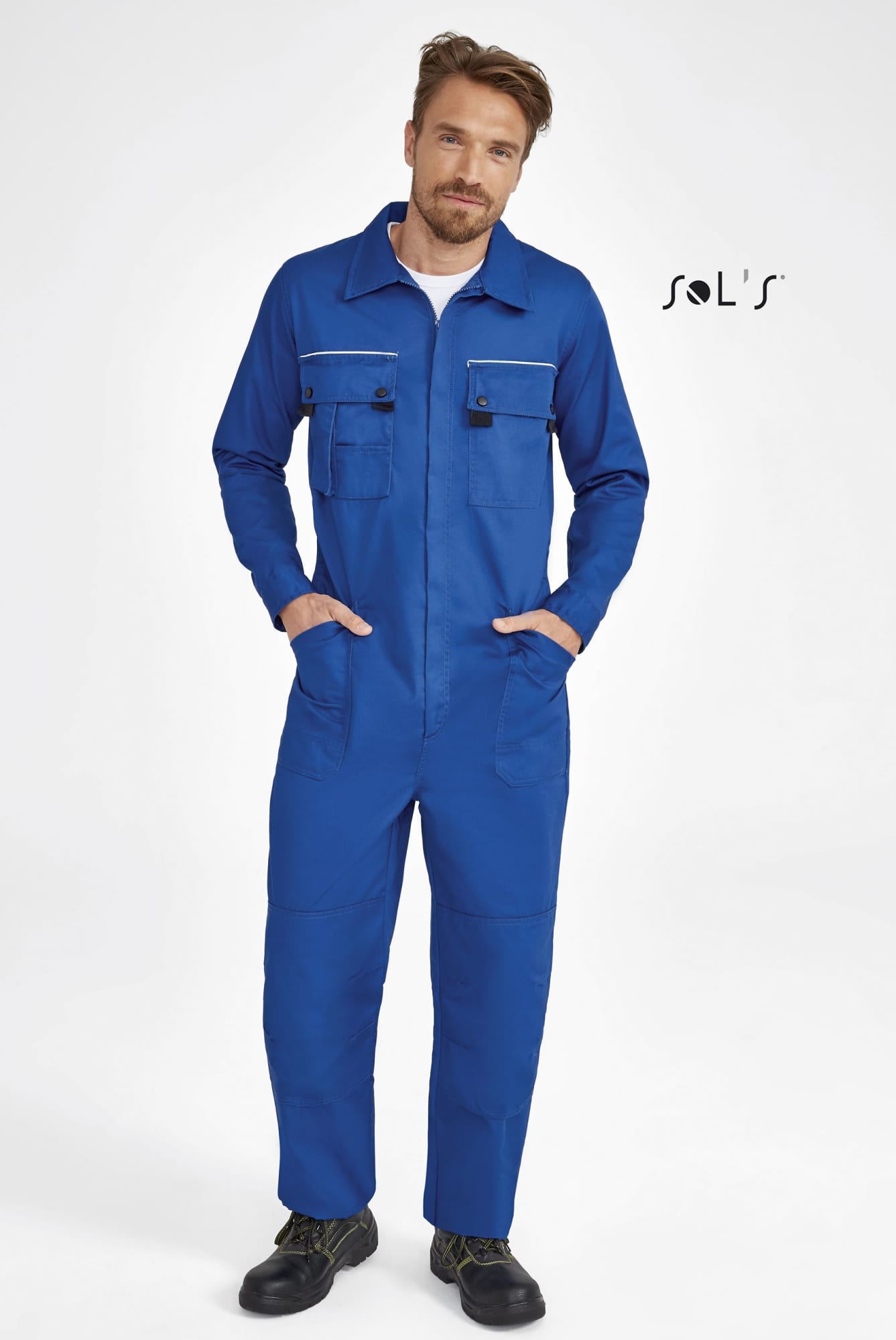 A blue overall featuring multiple pockets and knee pads, with zips and a logo. Suitable for various tasks. Overalls multiple pockets knee pads with zip SOLSTICE - Image 1