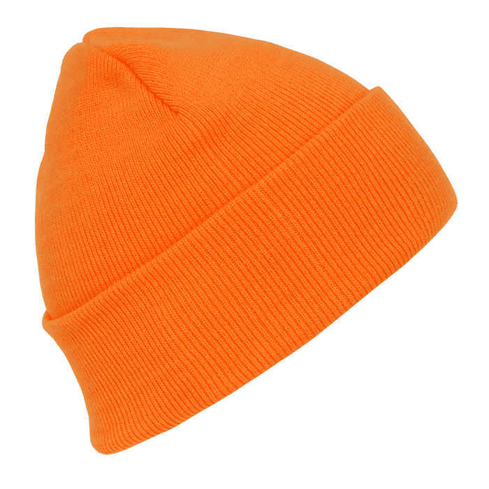 An orange long acrylic beanie with a ribbed texture and a fold-up brim. It features a logo. Neon Acrylic Beanies (Long) - Image 1