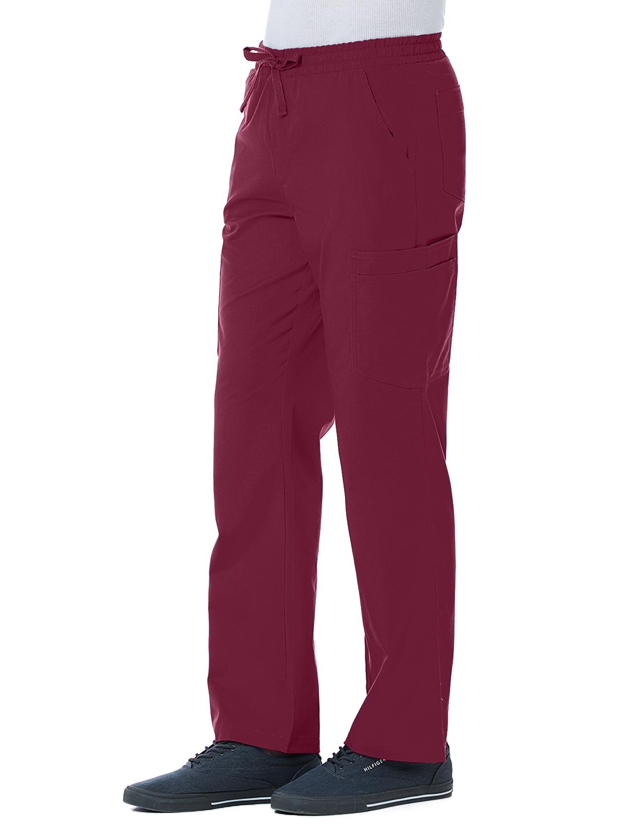 Maroon men's full elastic cargo pants with pockets, featuring a drawstring waist and a logo. Red Panda Mens Full Elastic Cargo Pant - Image 1