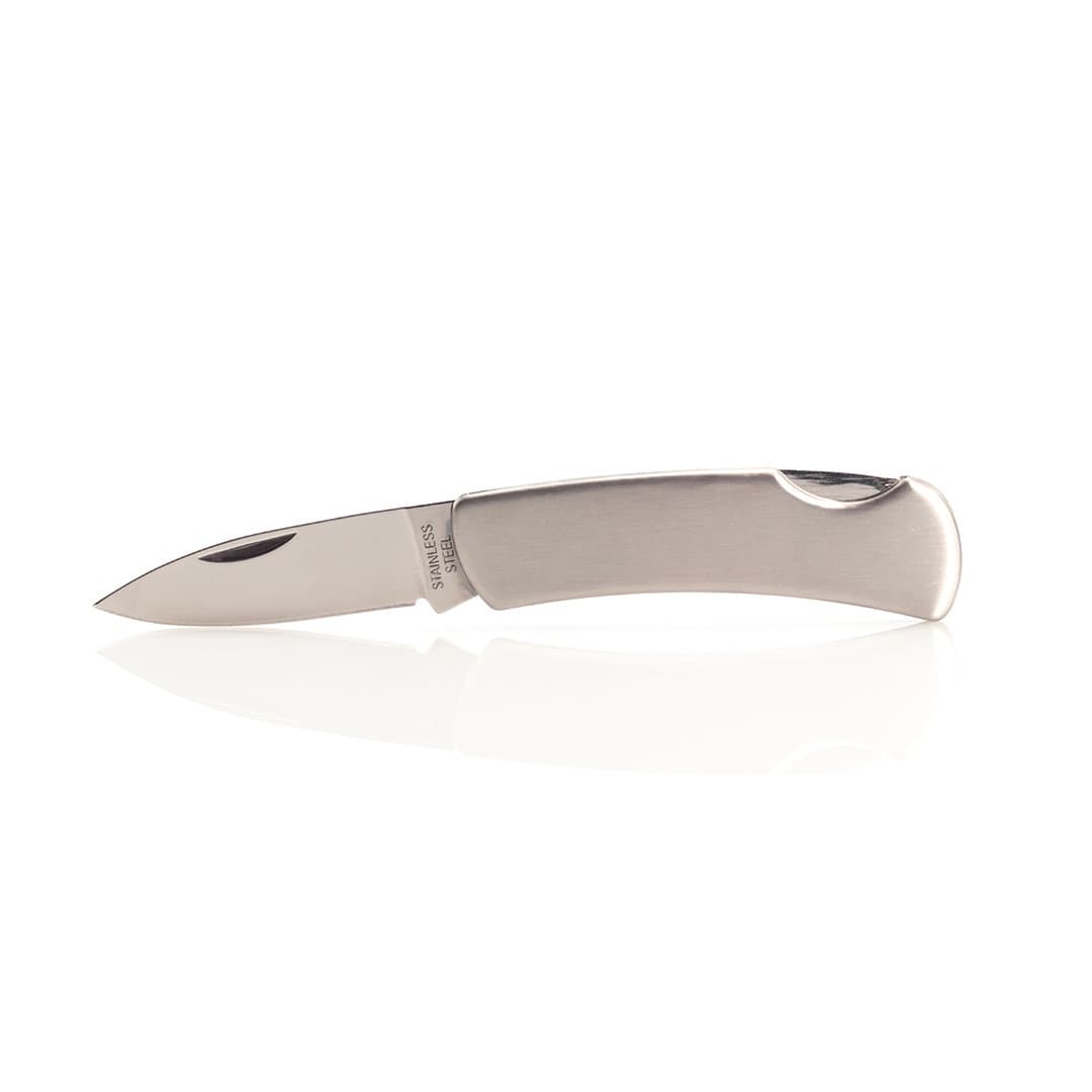 A pocket knife with a sleek stainless steel blade and a shiny silver handle. It has a branding logo on the handle. Acer - Image 1