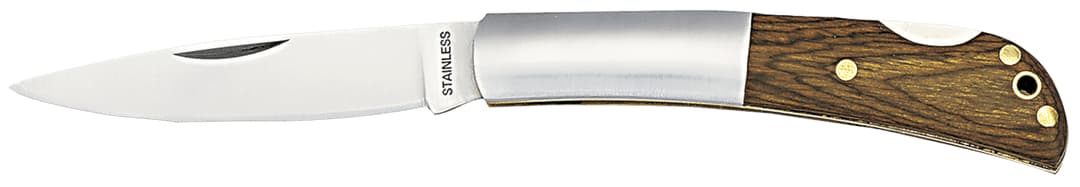A pocket knife featuring a silver blade and a wooden handle, with a metallic accent and a logo. Woon Pocket Knife - Image 1