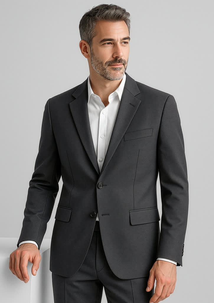 A men’s charcoal grey comfort wool stretch jacket with two buttons and a classic fit, featuring a lapel and pockets. Mens Comfort Wool Stretch 2 Button Classic Jacket - Image 1