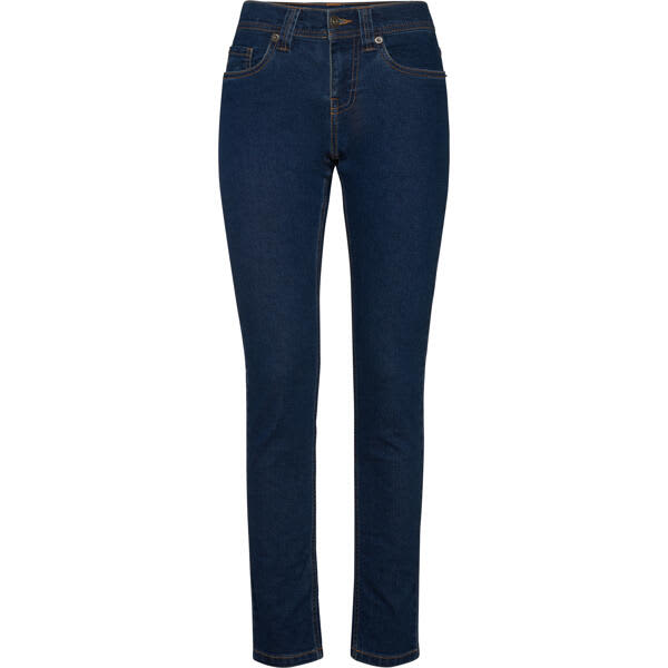 A pair of women's denim jeans in a dark blue colour with a slim fit design. Features include pockets and stitching details. Brock Womens Denim Jeans - Image 1
