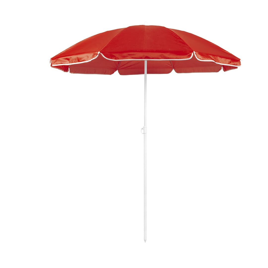 A red beach umbrella with a white pole, featuring a logo on the canopy. Ideal for outdoor leisure activities. Mojácar Beach Umbrella - Image 1