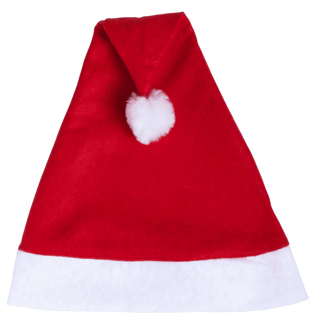 A red Santa hat with a white brim and a fluffy pom-pom on top. Features a branding logo. Papa Noel Christmas Hat - Image 1