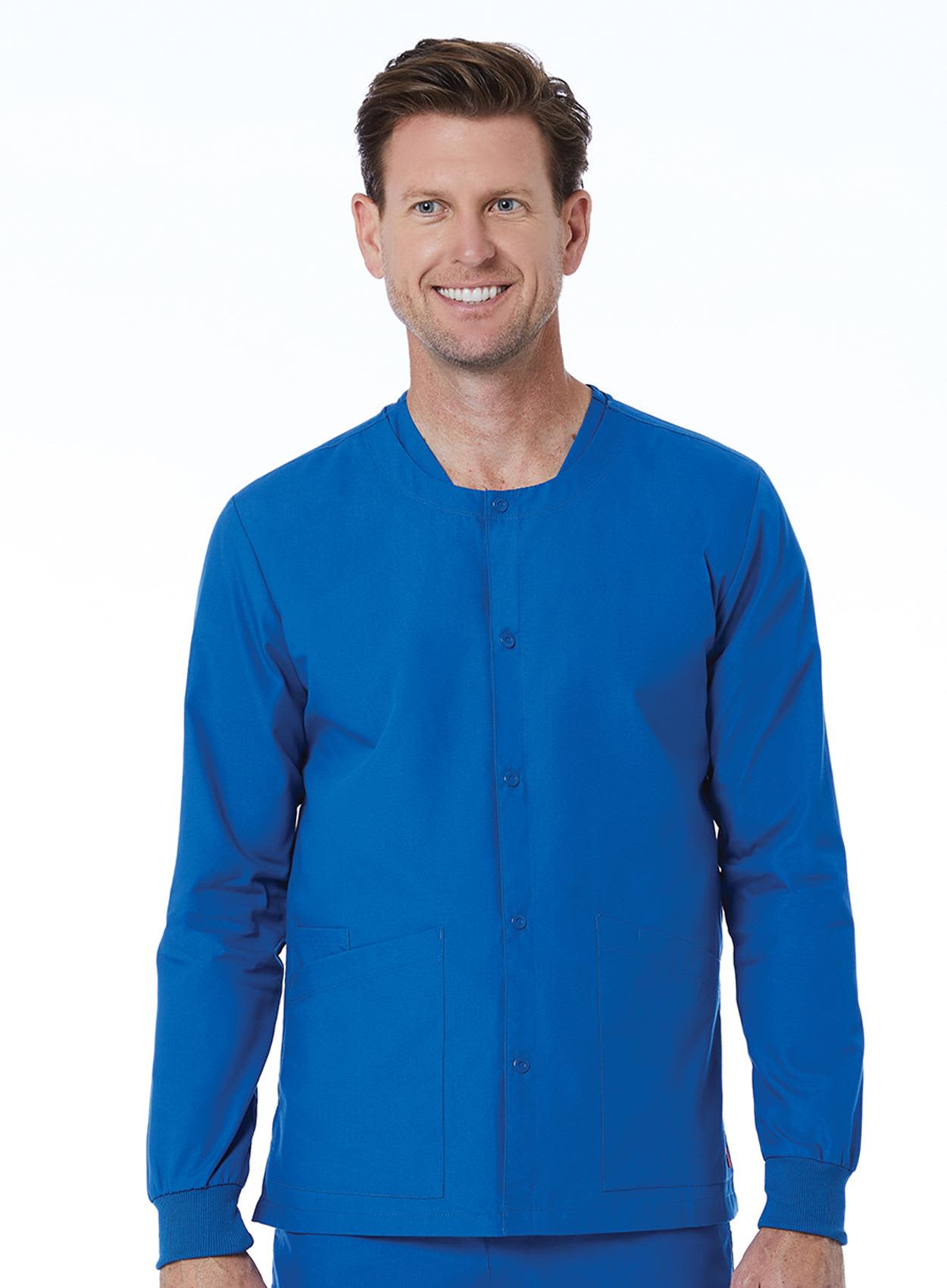 A unisex snap jacket in vibrant blue, featuring a button-up front and long sleeves. Includes a logo. Red Panda Unisex Snap Jacket - Image 1